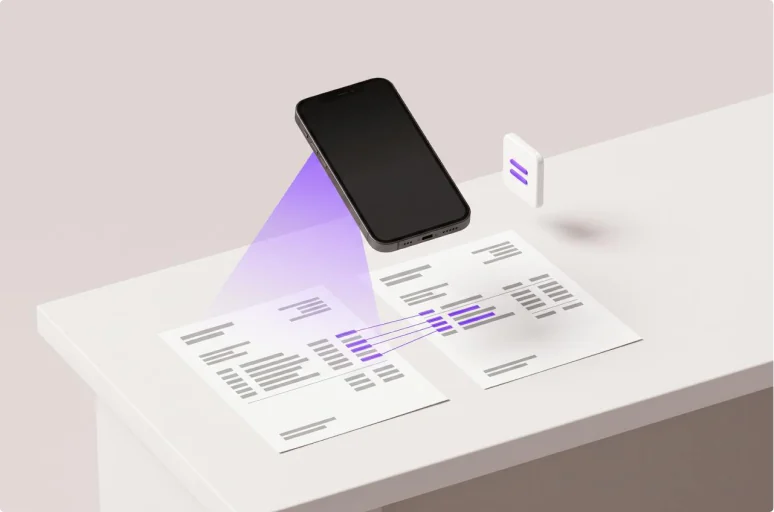 A phone reads two documents side by side on a desk, matching line items joined across the pages.