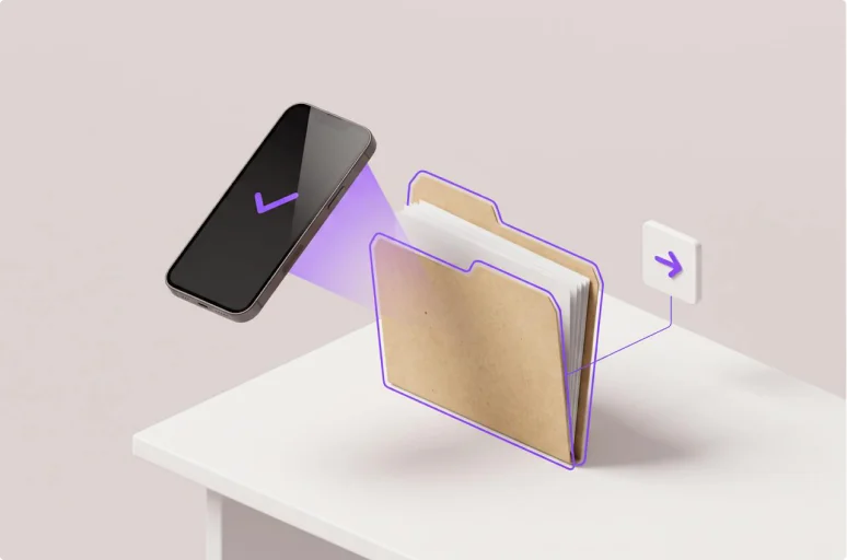 A phone checks a file folder of paperwork on a desk, the folder outlined and an arrow tile sending it on.