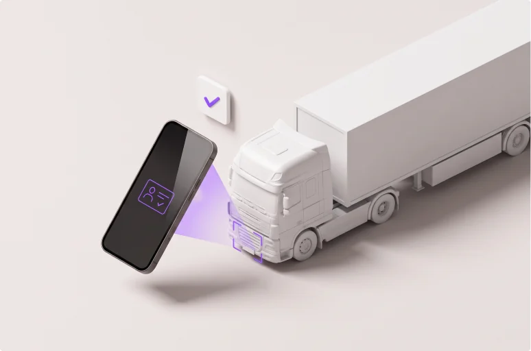 A phone reads the plate on the front of a tractor-trailer, a driver ID card shown on its screen and a check mark floating above the cab.
