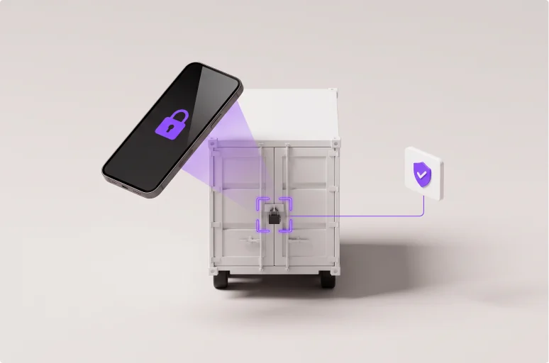 A phone reads the padlock seal on the rear doors of a container, the seal framed in a reticle and a shield tile confirming it.