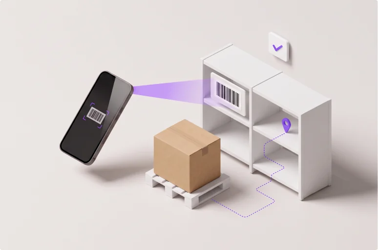 A phone scans a barcode on a shelving bay while a carton waits on a pallet below, a dotted route running from the pallet to a pin on the shelf.