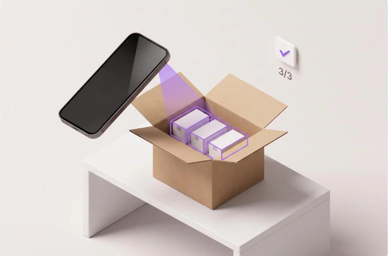 A phone checks three packed items inside an open carton on a bench, each item outlined and a three-of-three tick confirming the count.