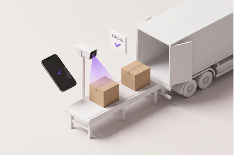 A fixed camera watches cartons move along a conveyor into the back of a trailer, with a LOADED tile confirming the shipment.