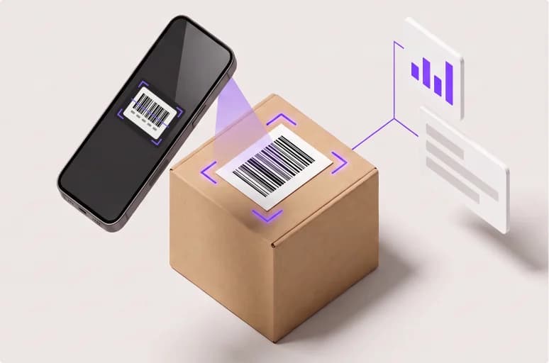 A phone scans the barcode on the top of a single carton; the same barcode shows inside the reticle on its screen, with a chart tile and a document panel reading out beside it.