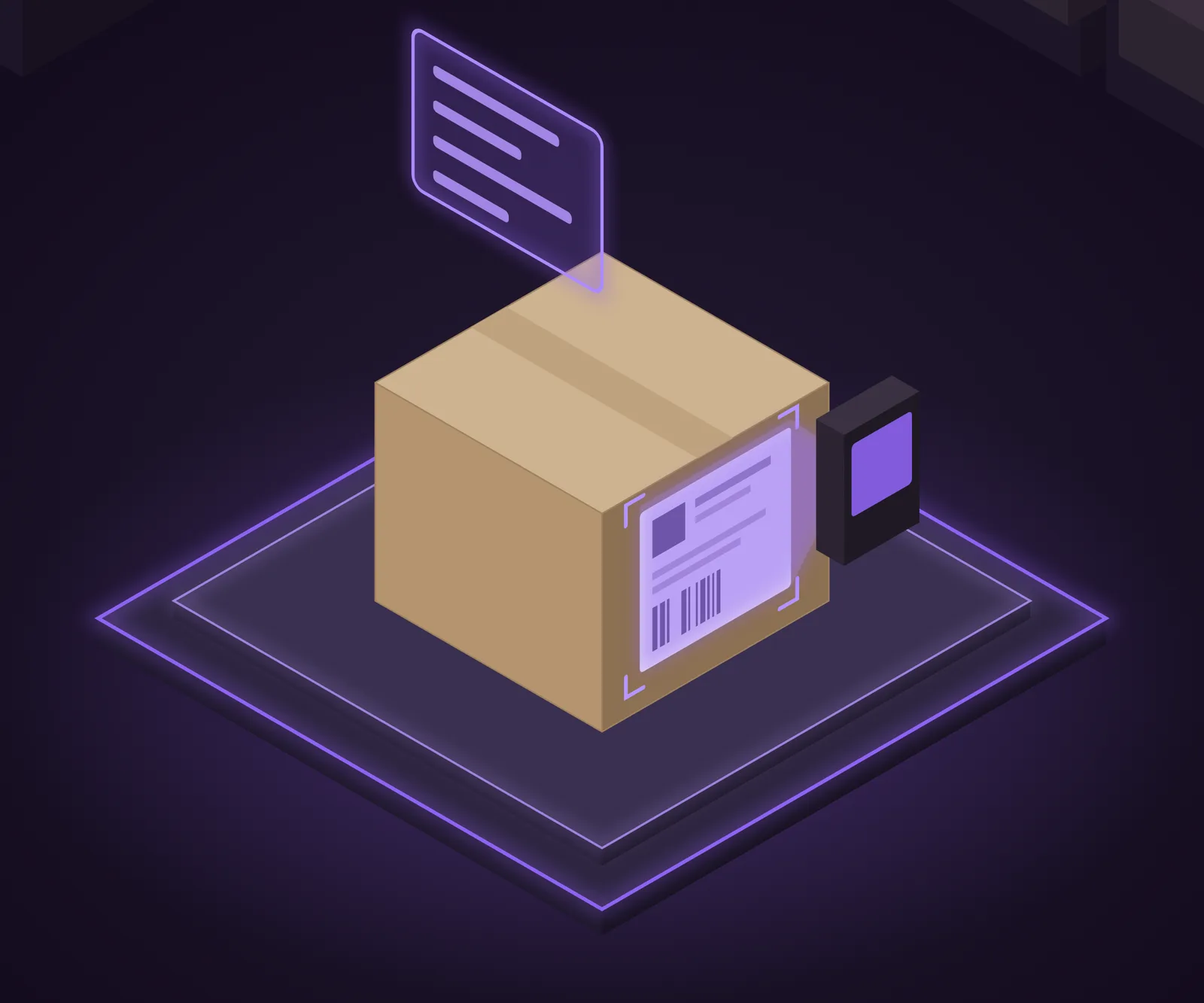 A scanner reads the shipping label on a carton and the fields appear on a floating panel
