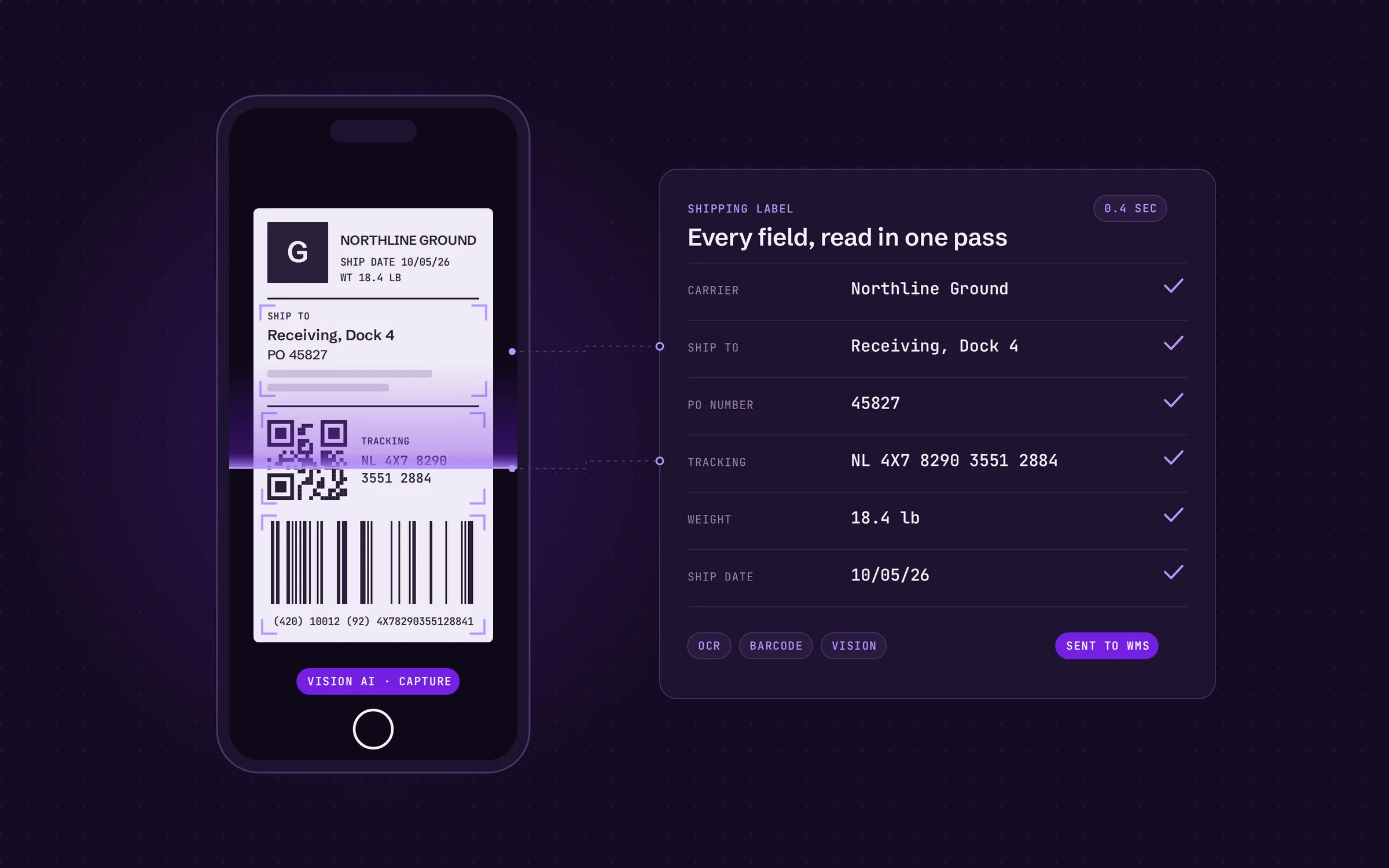A phone scans a shipping label and every field appears in a captured data panel