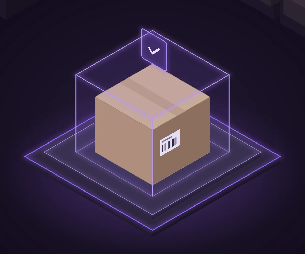A carton inside a glowing inspection volume with a checkmark