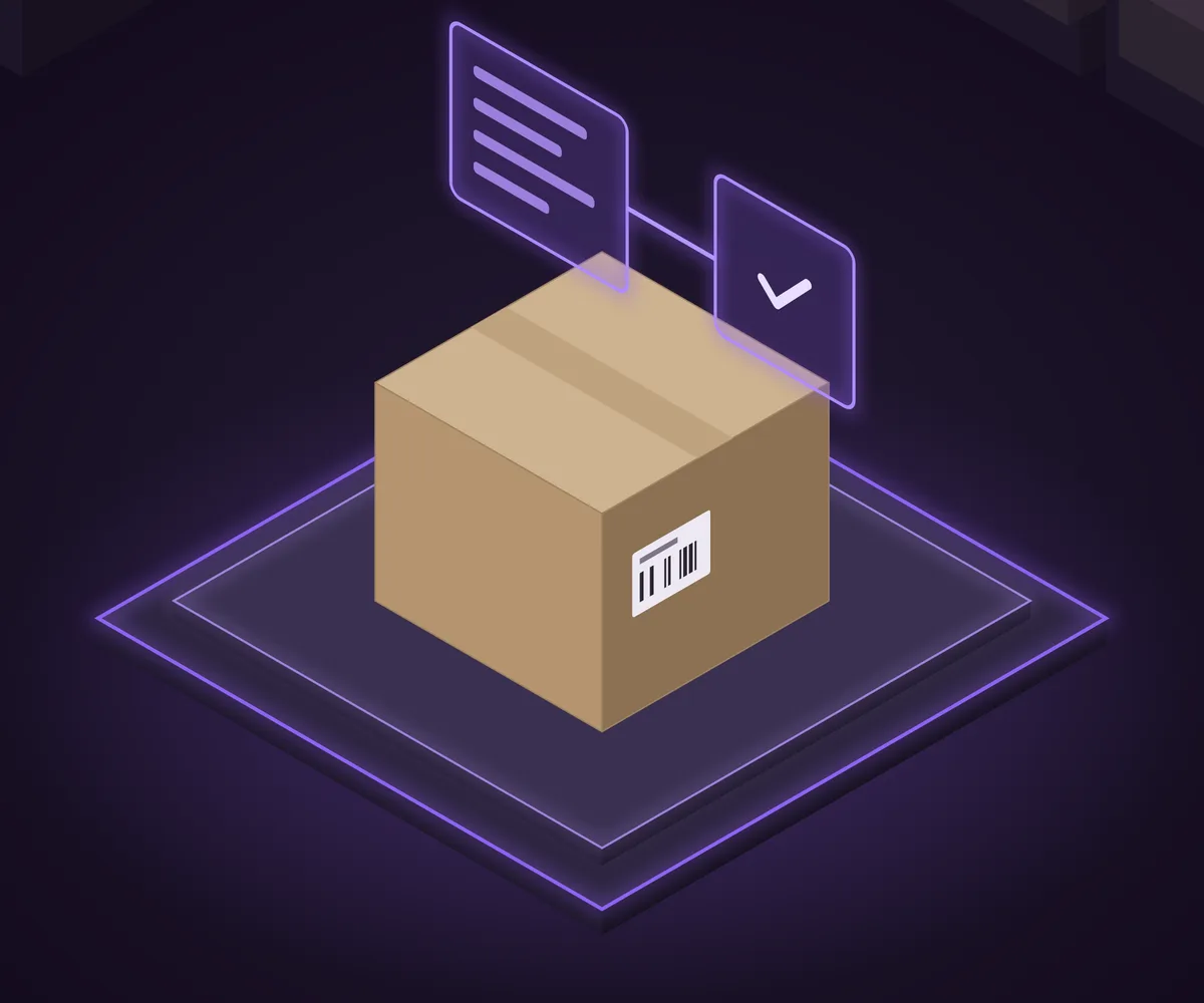 A carton with a floating document and a matching checkmark