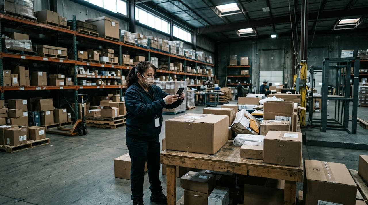 Warehouse worker scanning an inbound carton at an intake bench stacked with parcels.