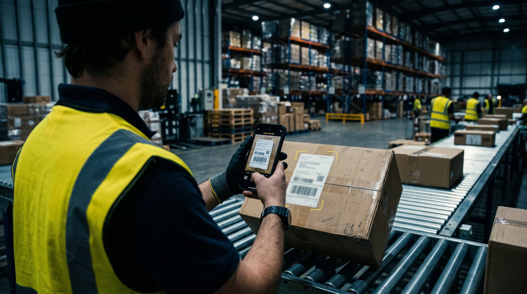 A warehouse operator scanning a boxed shipment on a conveyor line.