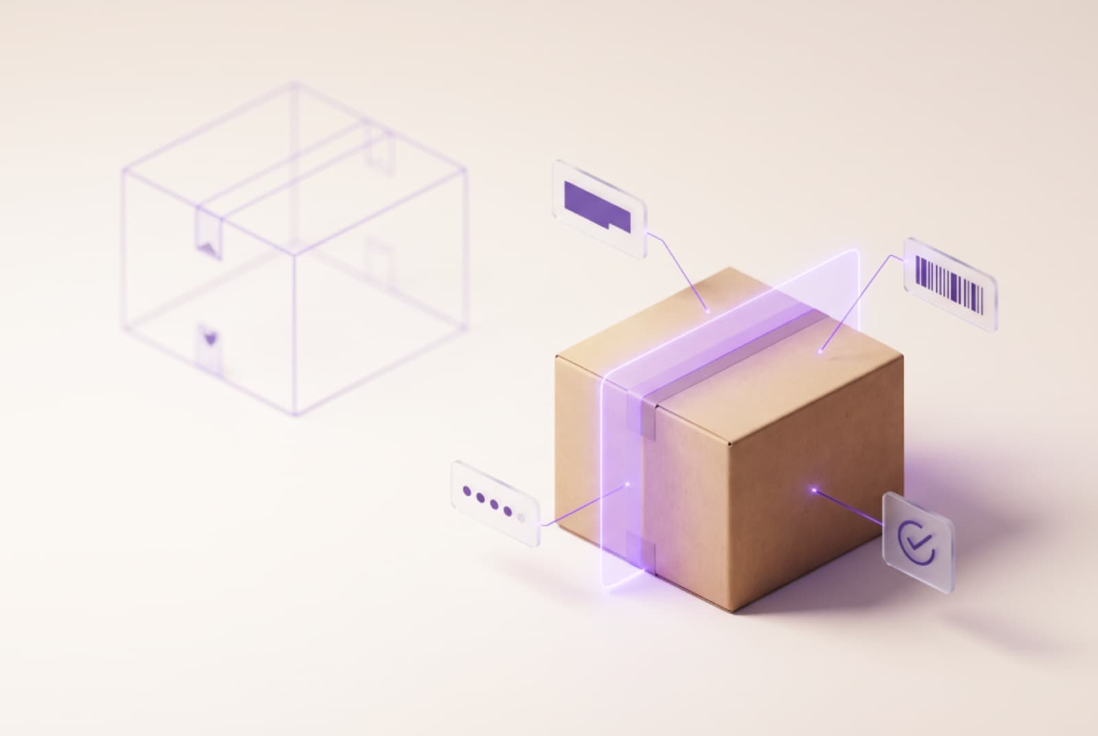A wireframe outline of a room beside a carton wrapped in a purple verification layer.