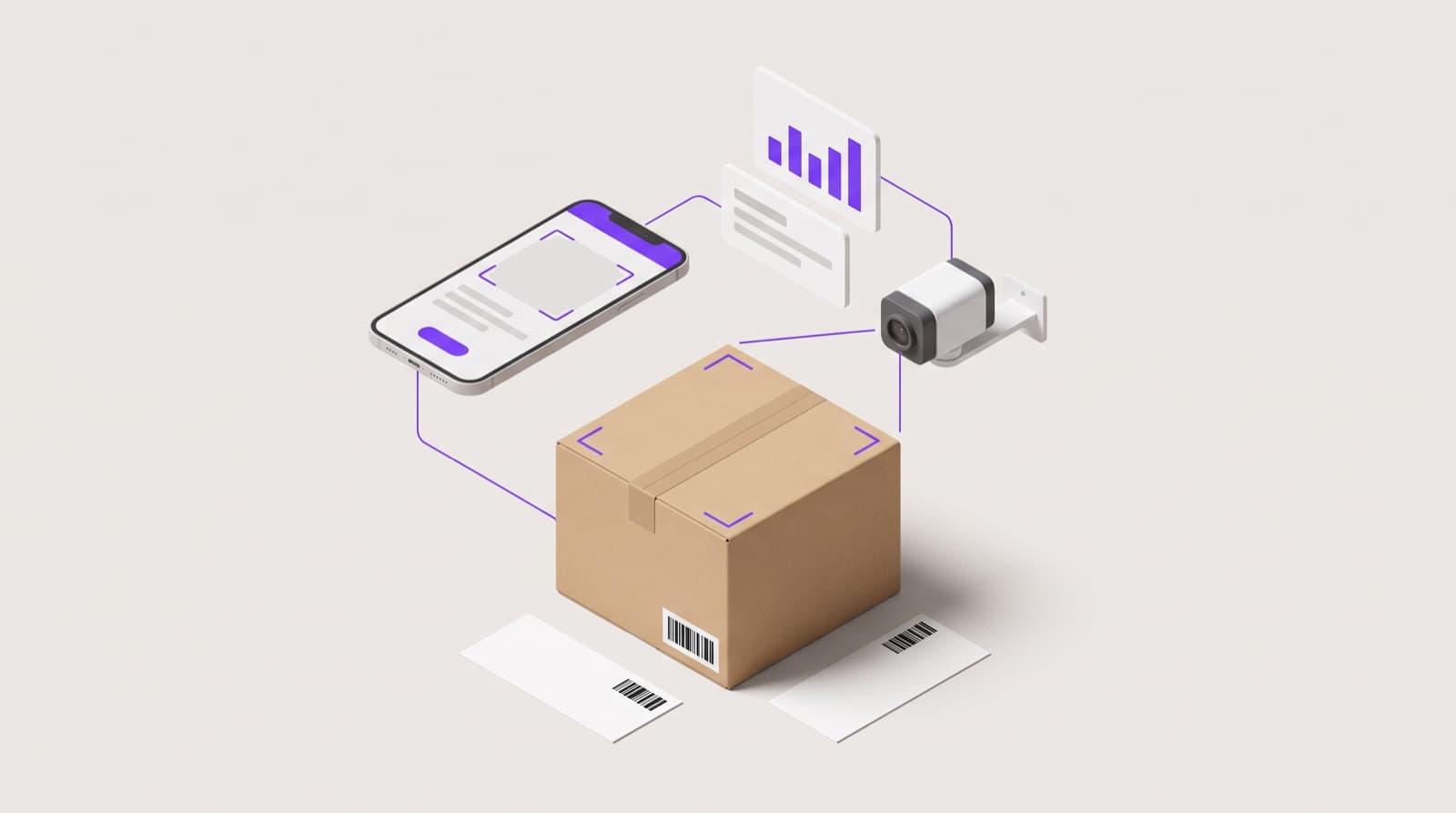A phone, a Vision AI camera and a metrics panel linked around a carton being scanned.